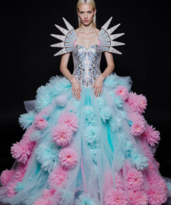 Cotton Candy Couture Pastel Pink Blue Gown With Giant Floral Pom Poms