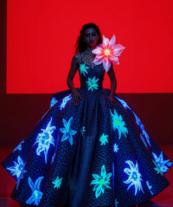 Crimson Lumina Gown Red Light Up Dress With Textured Shoulders Ruffled Skirt