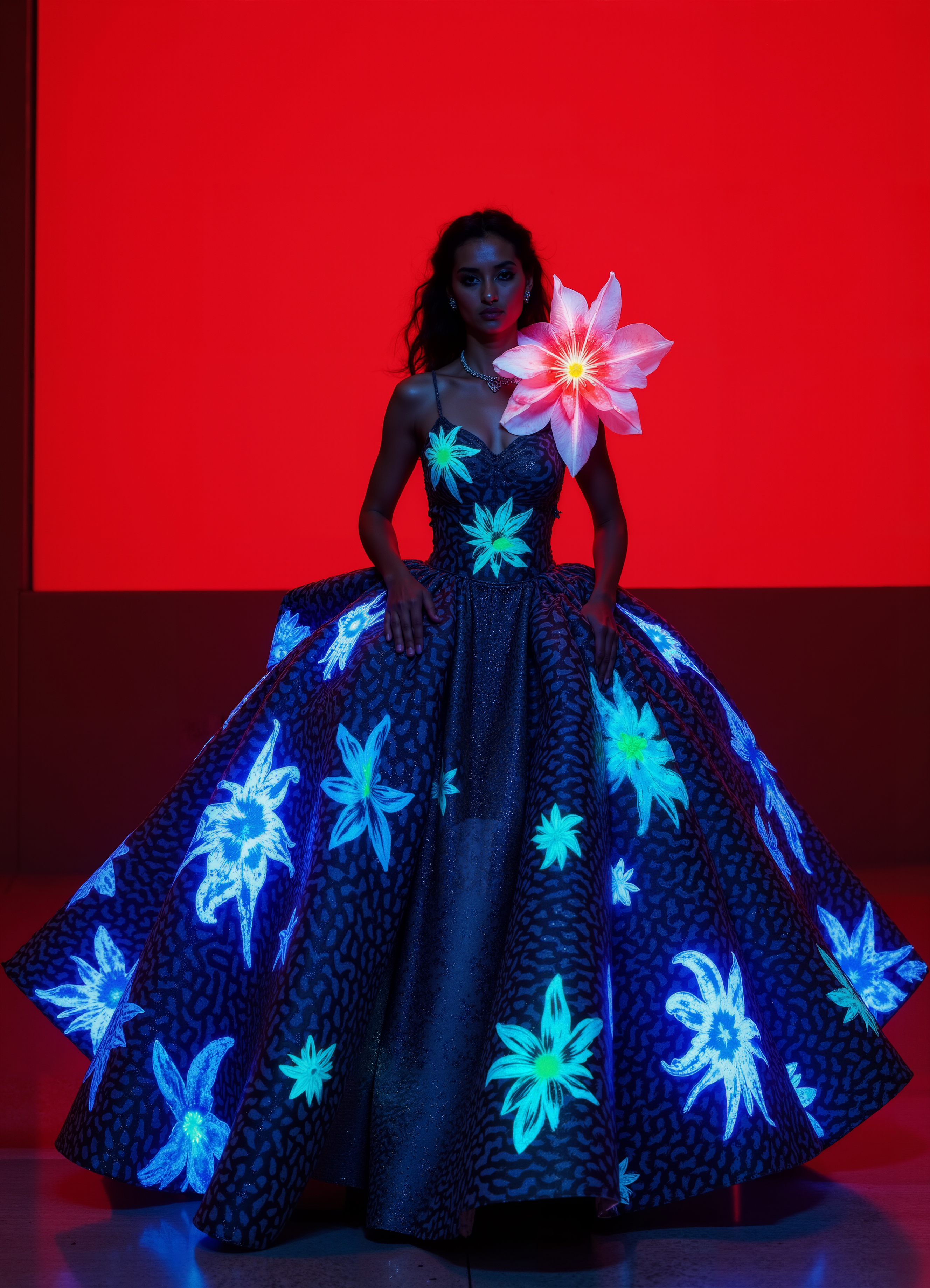 Crimson Lumina Gown Red Light Up Dress With Textured Shoulders Ruffled Skirt