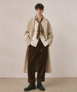 Curly Hair Fashion Beige Coat Patterned Scarf Velvet Pants