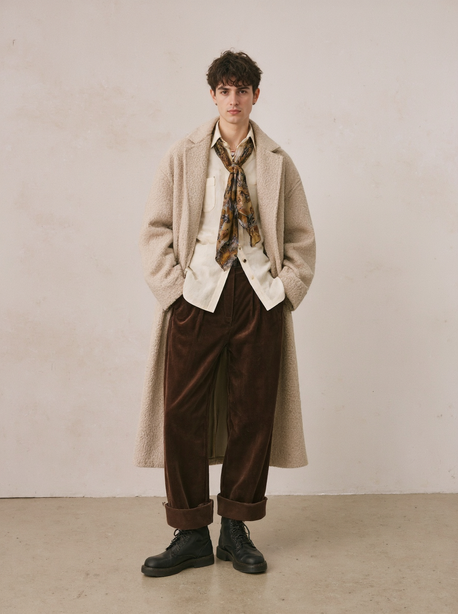 Curly Hair Fashion Beige Coat Patterned Scarf Velvet Pants