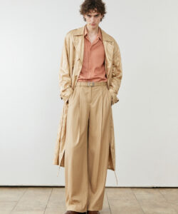 Curly Haired Fashion Trench Coat Coral Shirt Wide Pants