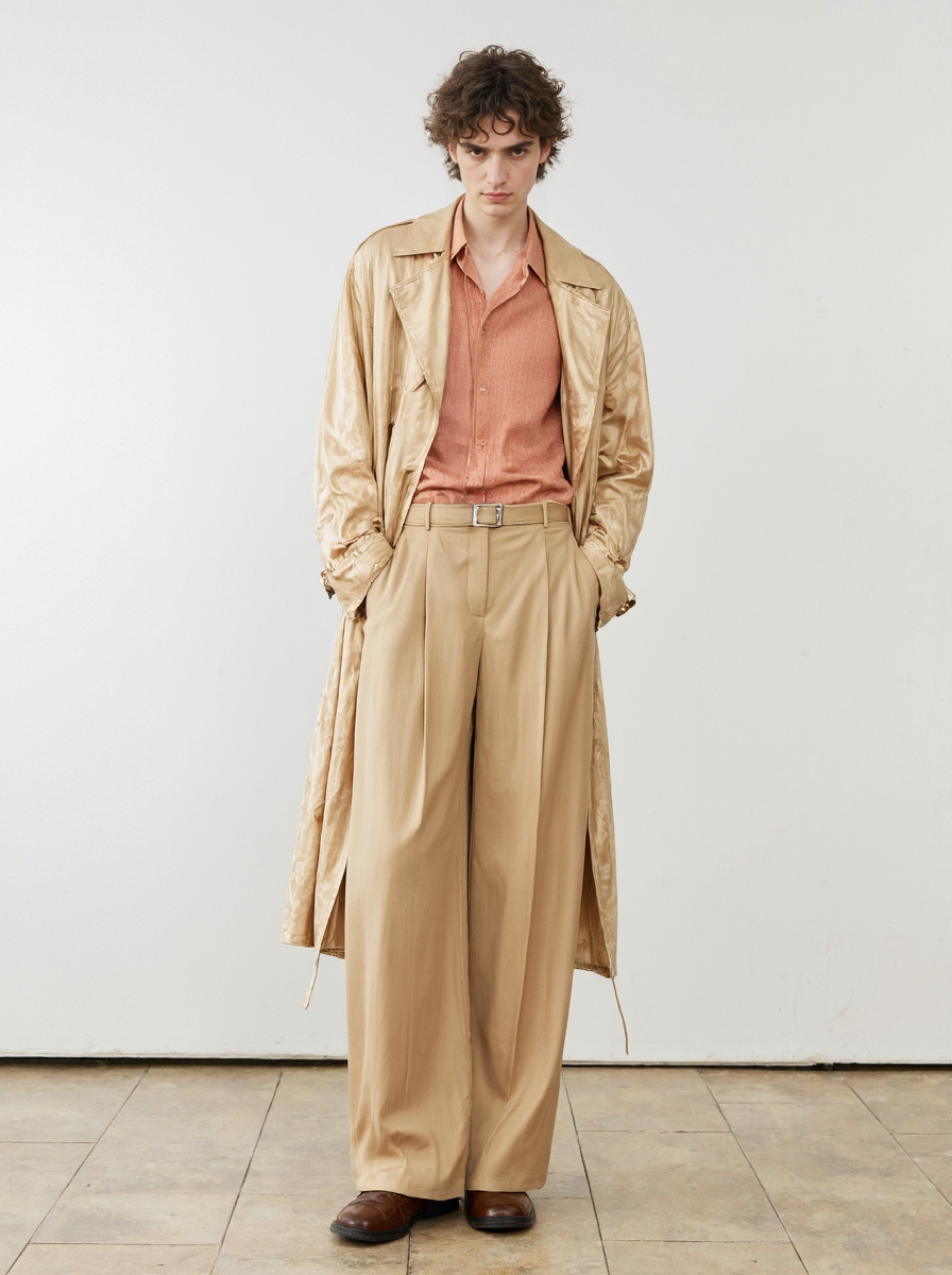 Curly Haired Fashion Trench Coat Coral Shirt Wide Pants