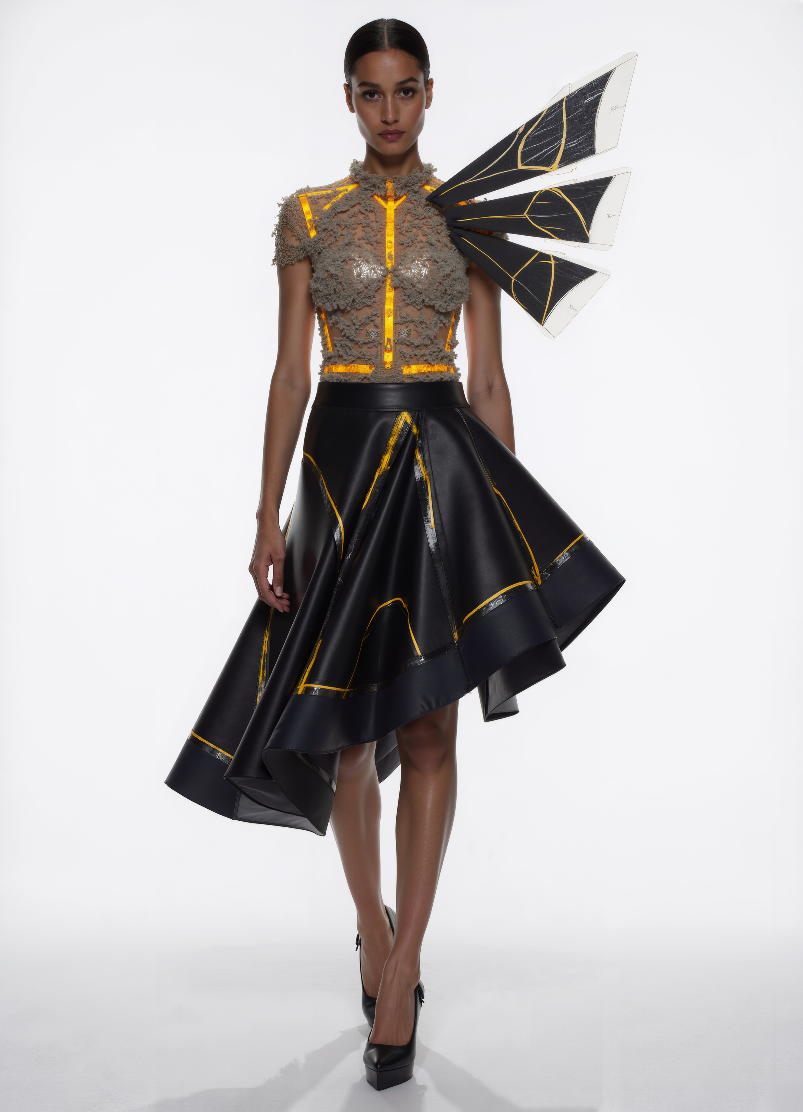 Cyber Warrior Chic Black Gold Outfit With Dynamic Shoulder Wings Asymmetrical Skirt