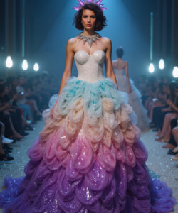 Cyberpunk Couture Futuristic Gradient Gown Tech Inspired Runway Look