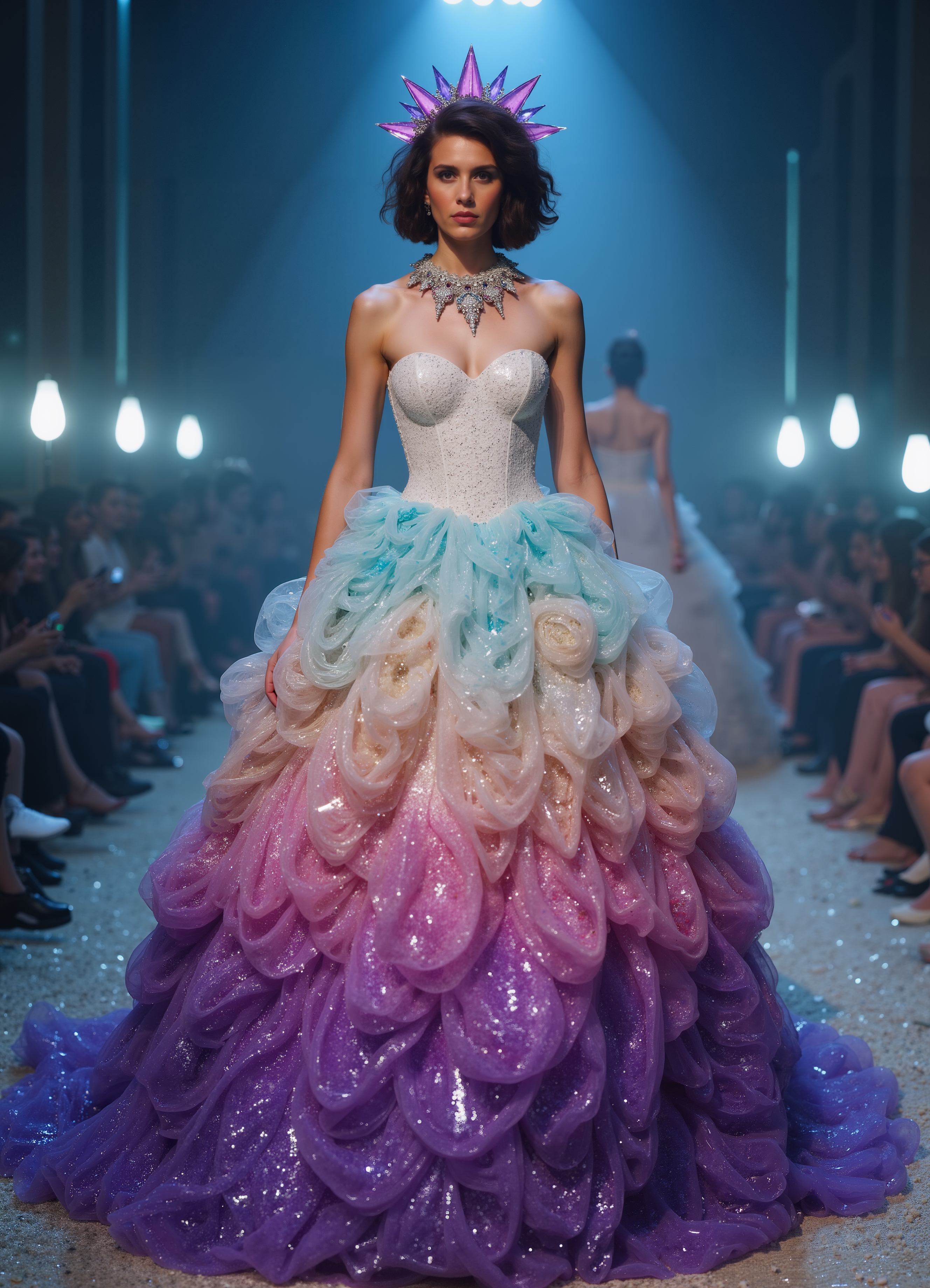 Cyberpunk Couture Futuristic Gradient Gown Tech Inspired Runway Look