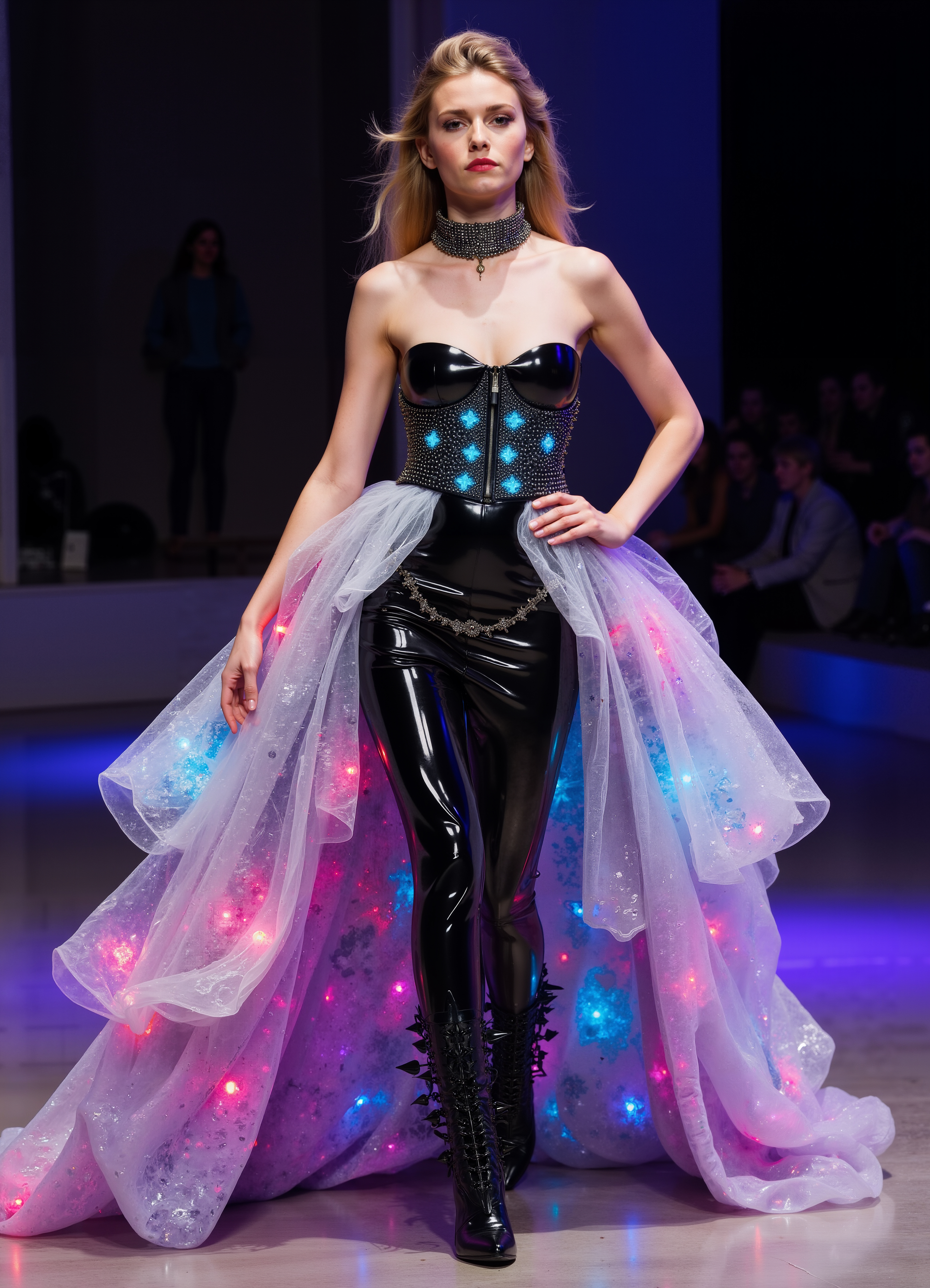 Cyberpunk Rockstar Leather Latex With A Multi Color Light Up Tulle Skirt