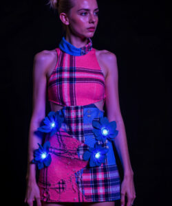 Deconstructed Plaid Pink Blue Mini Dress With Light Up Floral Appliques