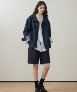 Denim Jacket Style Young Woman With Wavy Hair Striped Shirt