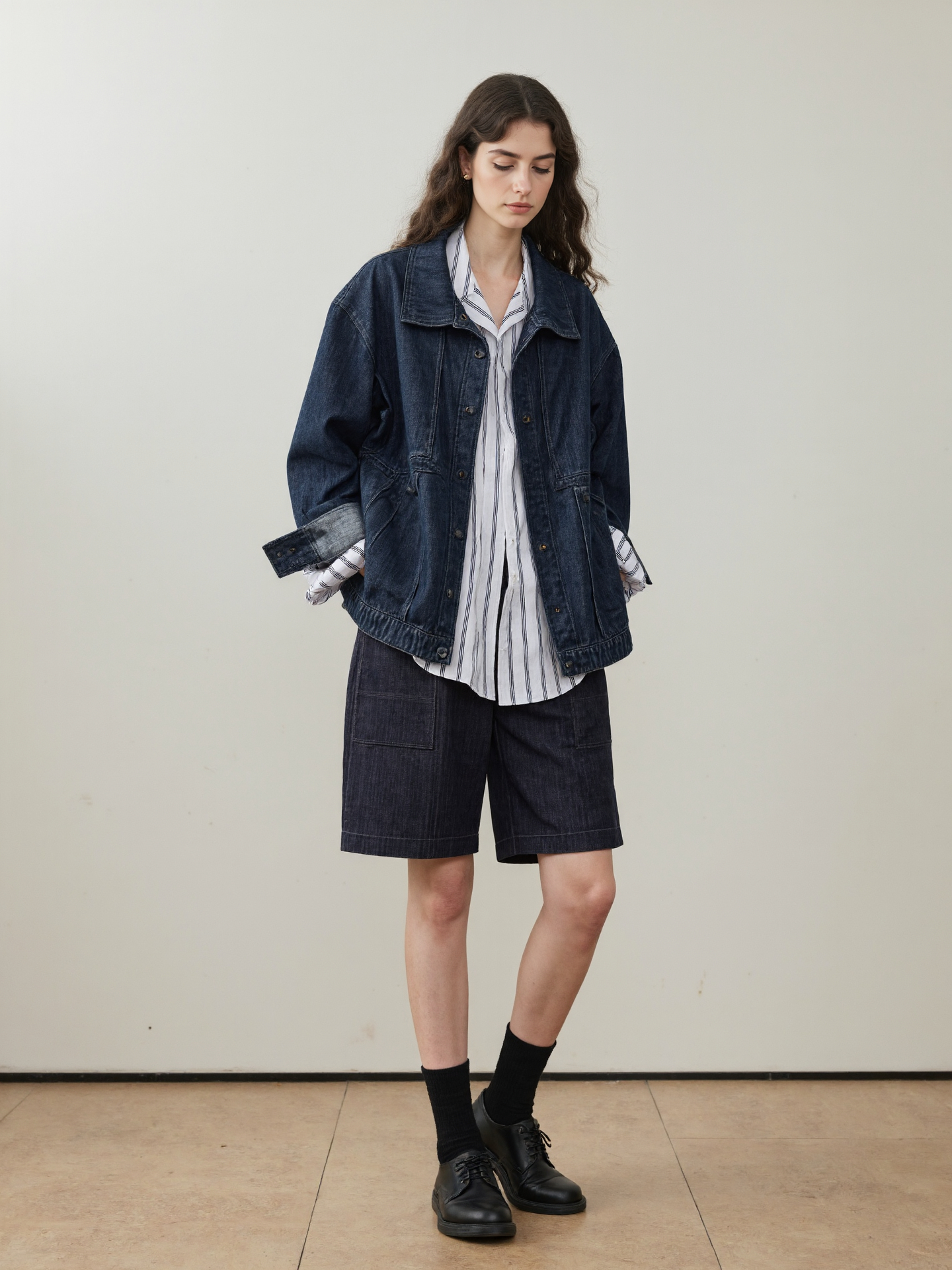 Denim Jacket Style Young Woman With Wavy Hair Striped Shirt