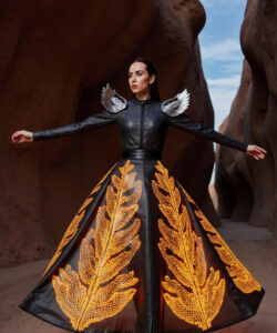 Desert Guardian Black Leather Gown With Glowing Orange Leaves Silver Wings