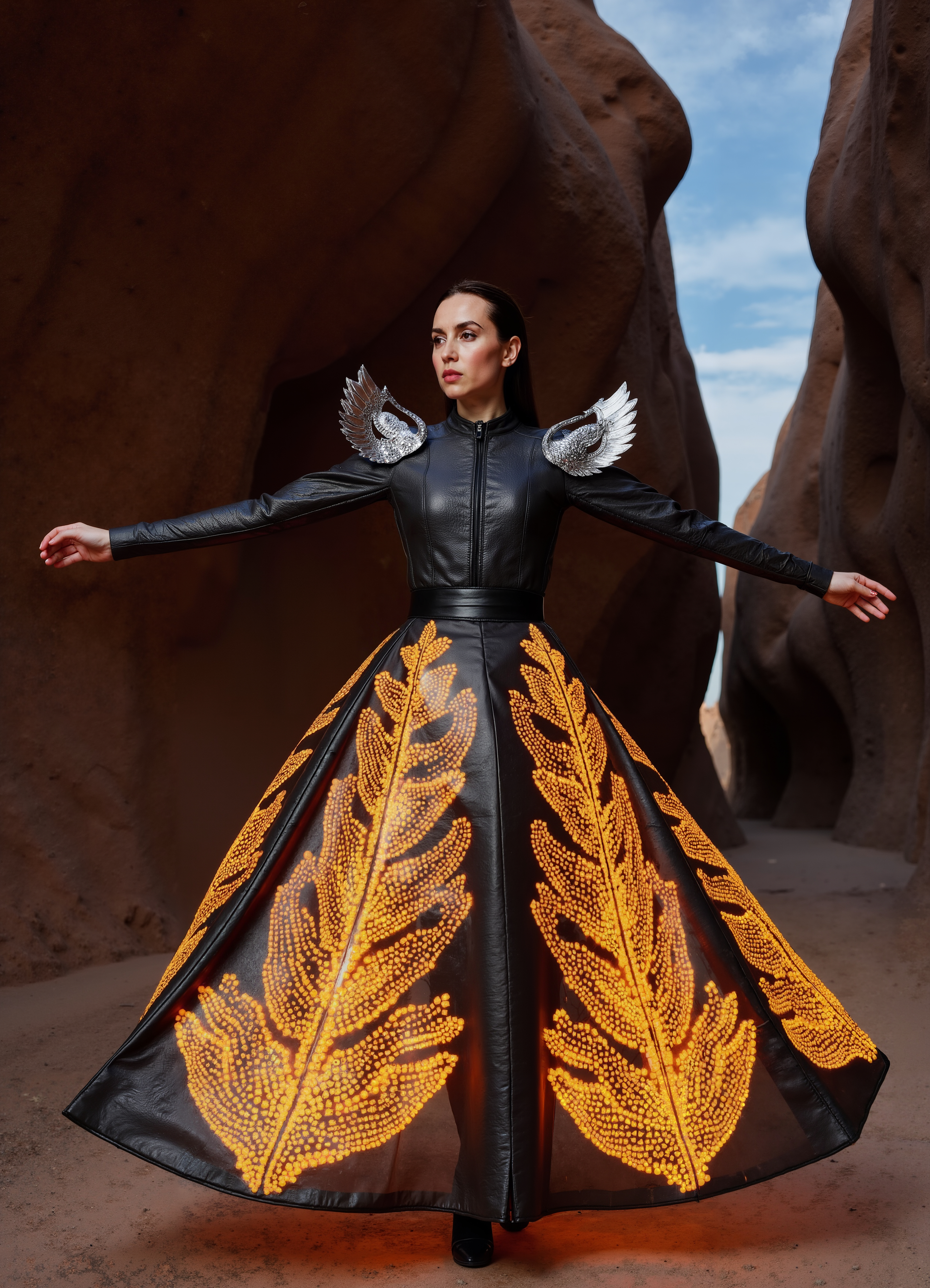 Desert Guardian Black Leather Gown With Glowing Orange Leaves Silver Wings