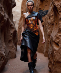 Desert Siren Fiery Orange Patterned Leather Dark Wing In A Rocky Canyon
