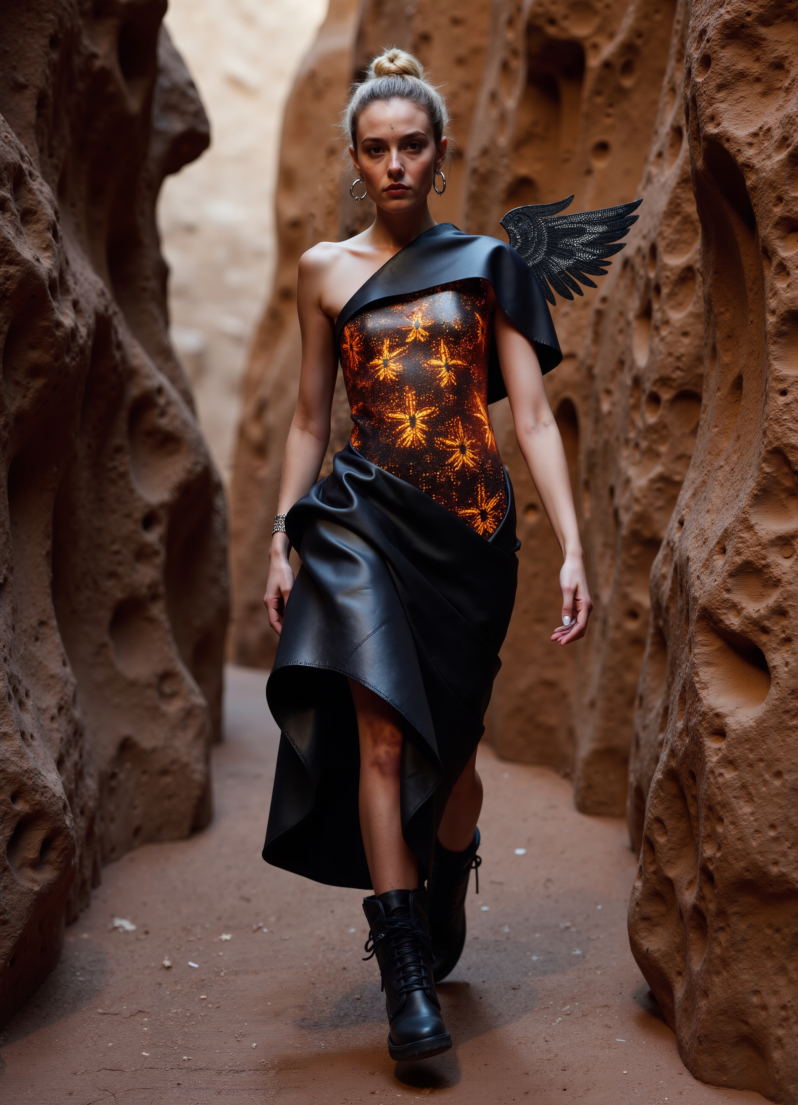 Desert Siren Fiery Orange Patterned Leather Dark Wing In A Rocky Canyon