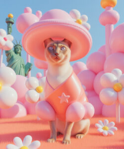 Digital Art Of A Cat Wearing A Pink Sunhat And Star Patterned Dress Amidst Whimsical Pink Flowers And Balloons