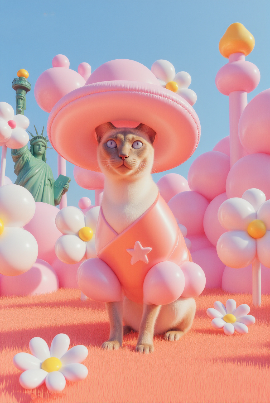Digital Art Of A Cat Wearing A Pink Sunhat And Star Patterned Dress Amidst Whimsical Pink Flowers And Balloons