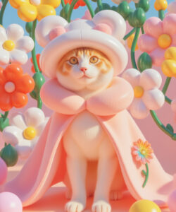 Digital Illustration Of A Cute White Cat In A Pink Flower Adorned Hat Surrounded By Vibrant Colorful Flowers