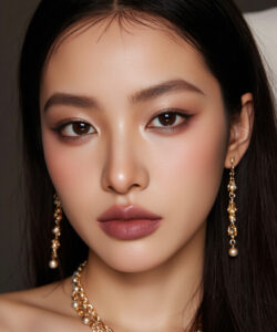 East Asian Woman With Smooth Skin Dark Hair And Dramatic Makeup Wearing Gold Earrings