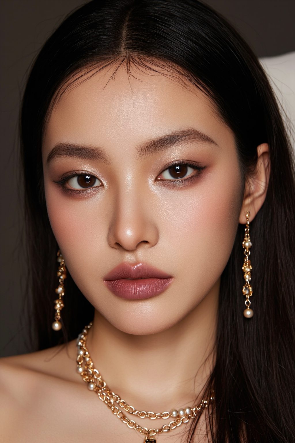 East Asian Woman With Smooth Skin Dark Hair And Dramatic Makeup Wearing Gold Earrings