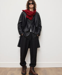 Edgy Look Man In Leather Jacket Red Scarf Boots