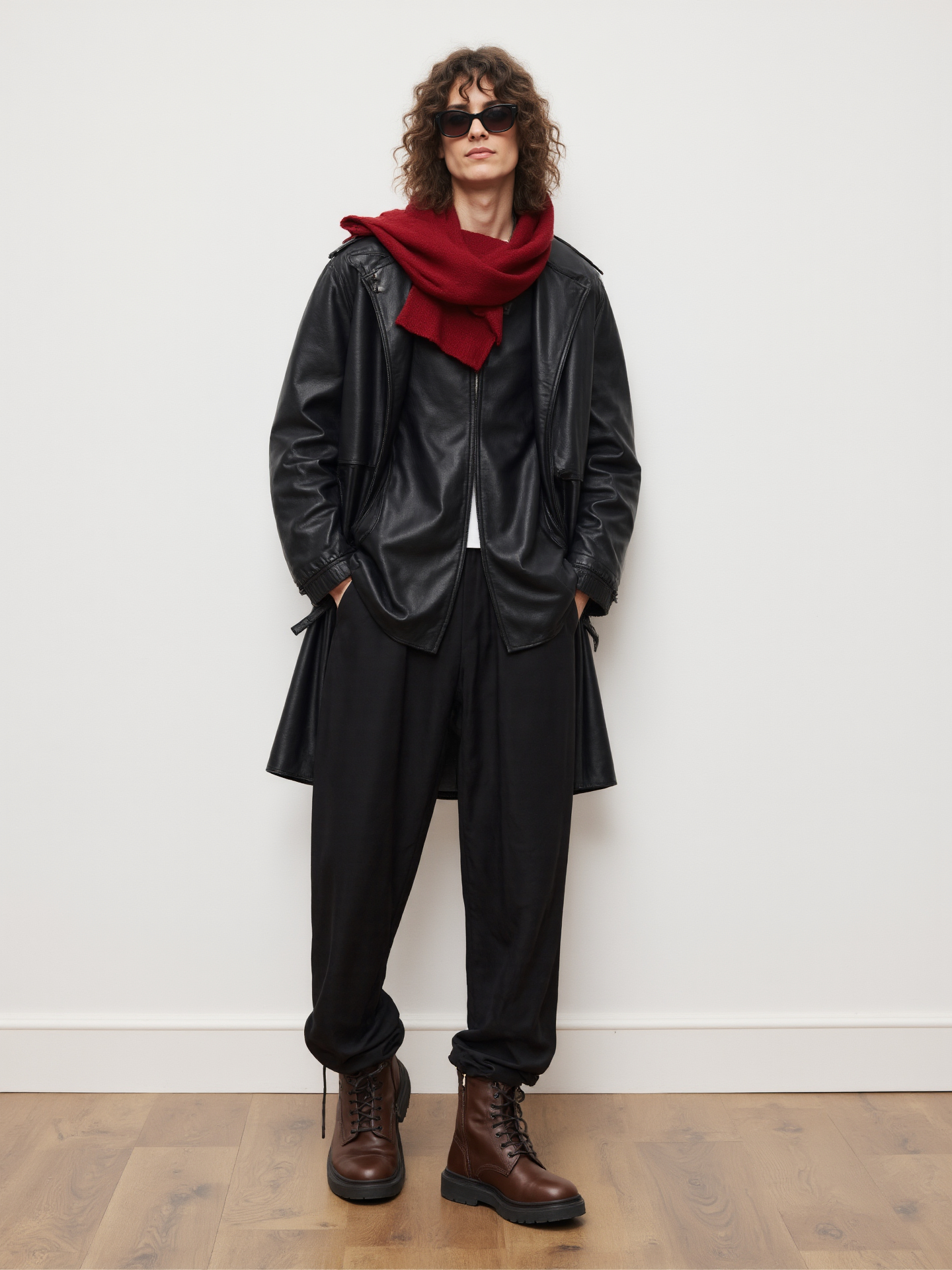 Edgy Look Man In Leather Jacket Red Scarf Boots