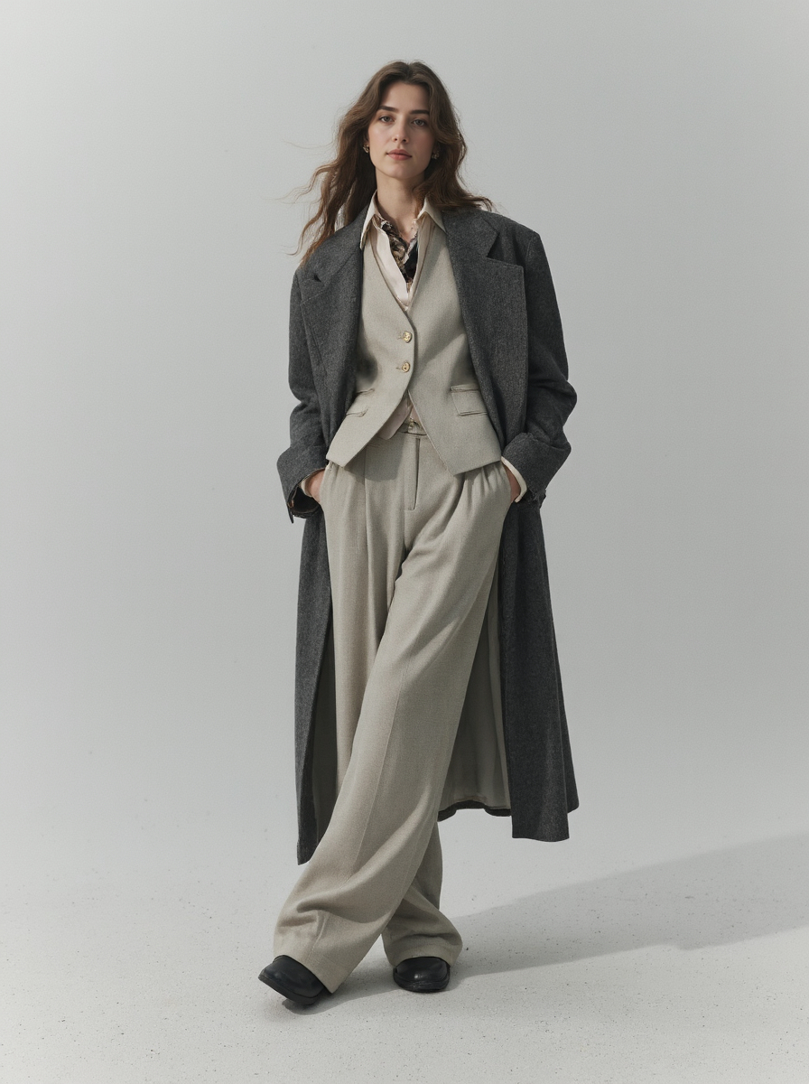 Elegant Woman Grey Coat Beige Suit Black Shoes Style