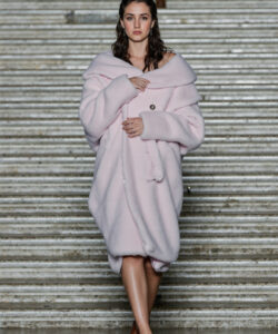Elegant Woman Pink Fluffy Coat Winter Fashion Cozy Outerwear