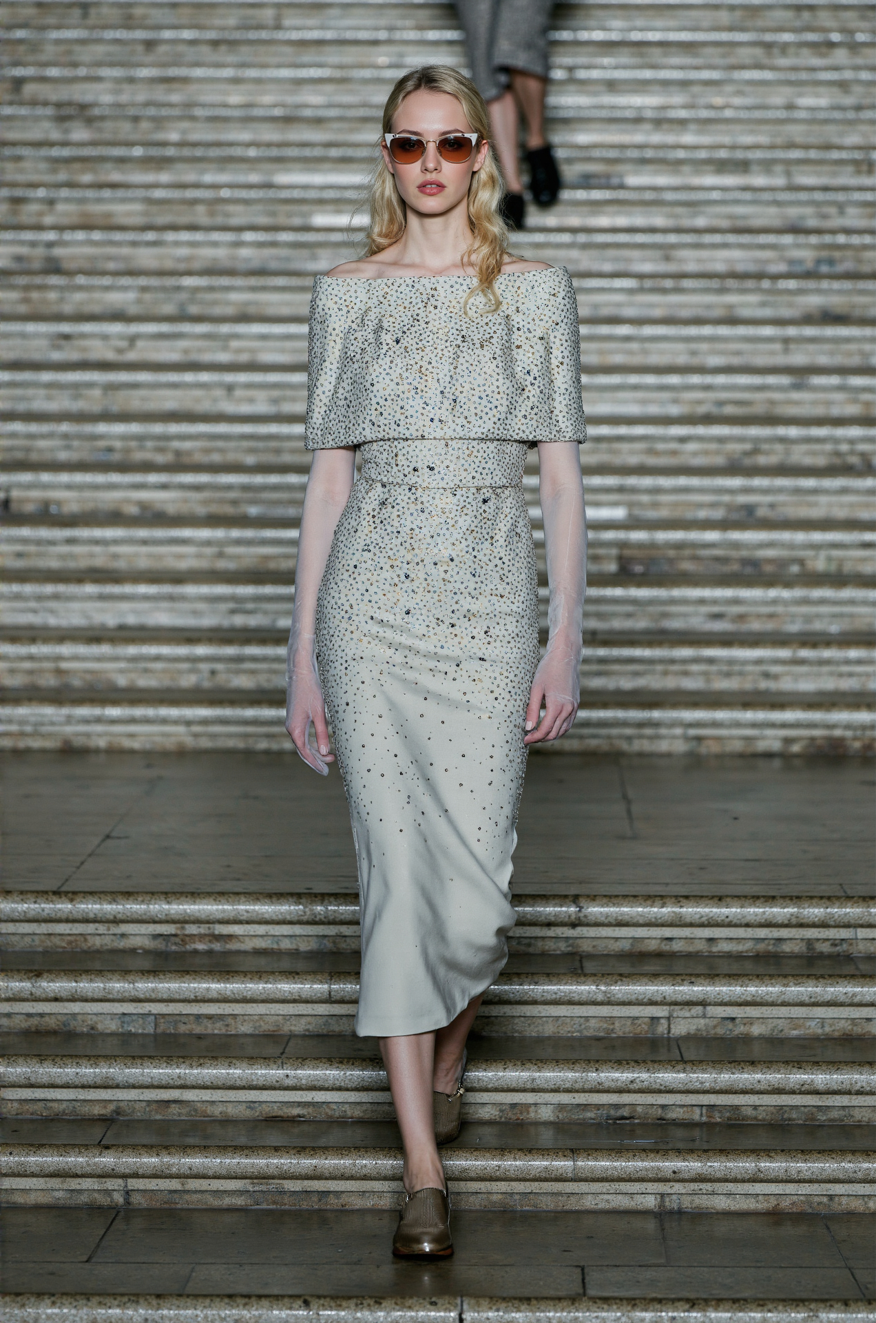Embellished Dress Off Shoulder Sheer Sleeves Elegant Evening Wear