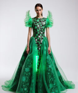 Emerald Dream Gown Glowing Green Floral Dress With Feathered Shoulder Accents