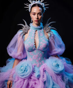 Enchanted Blossom Gown Pastel Blue Pink With Sculpted Roses Spiked Accents