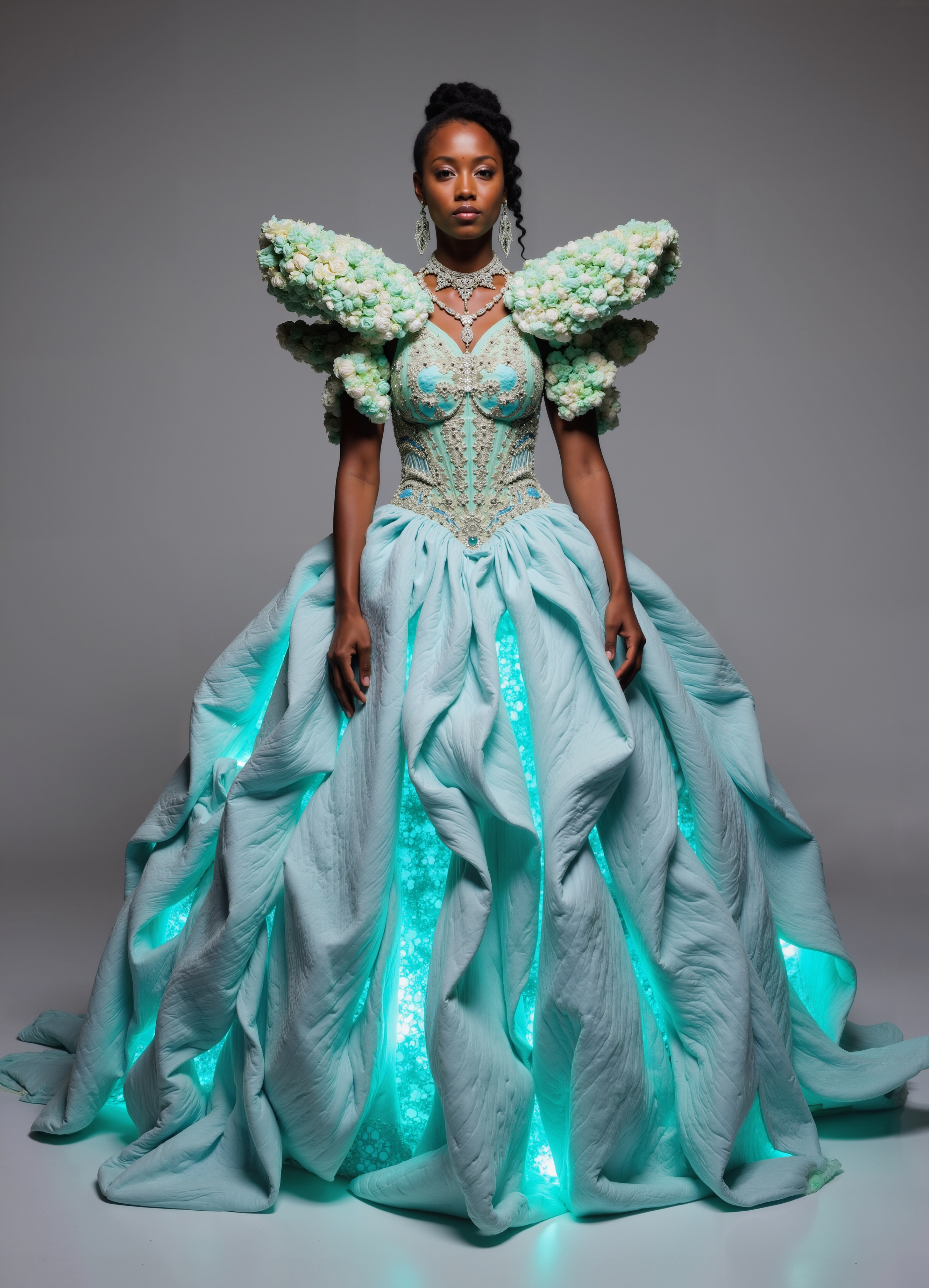 Enchanted Lumina Gown Soft Blue Dress With Glowing Lights Unique Sculpted Shoulders