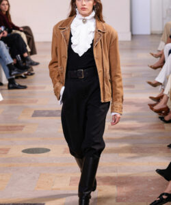Equestrian Style Ruffled Blouse Suede Jacket Riding Boots Black Trousers Runway Classic Fashion Chic