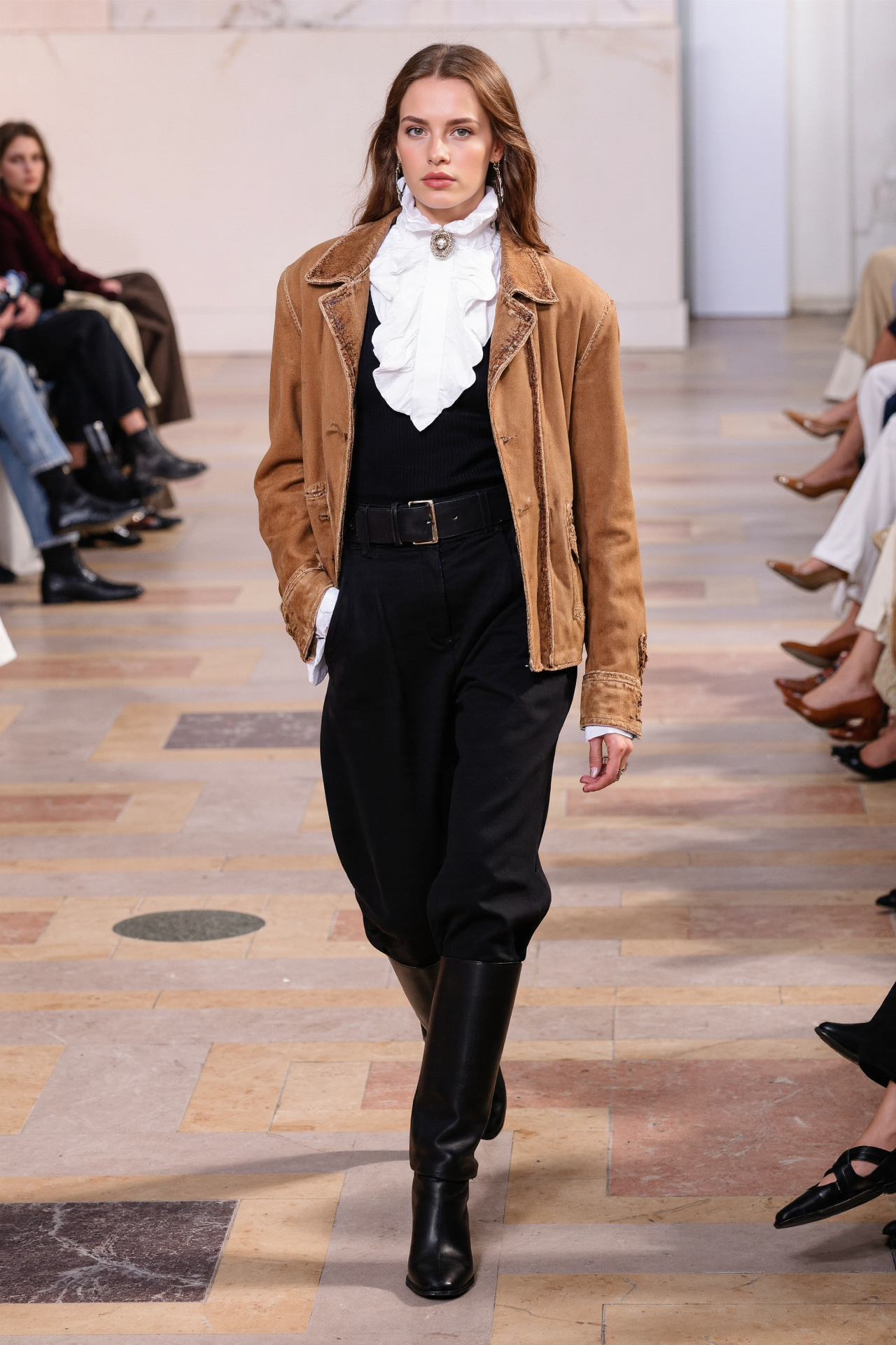 Equestrian Style Ruffled Blouse Suede Jacket Riding Boots Black Trousers Runway Classic Fashion Chic