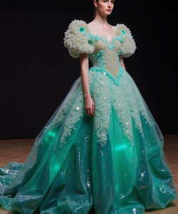 Ethereal Light Up Gown Mint Green With Glowing Accents Floral Shoulder Details