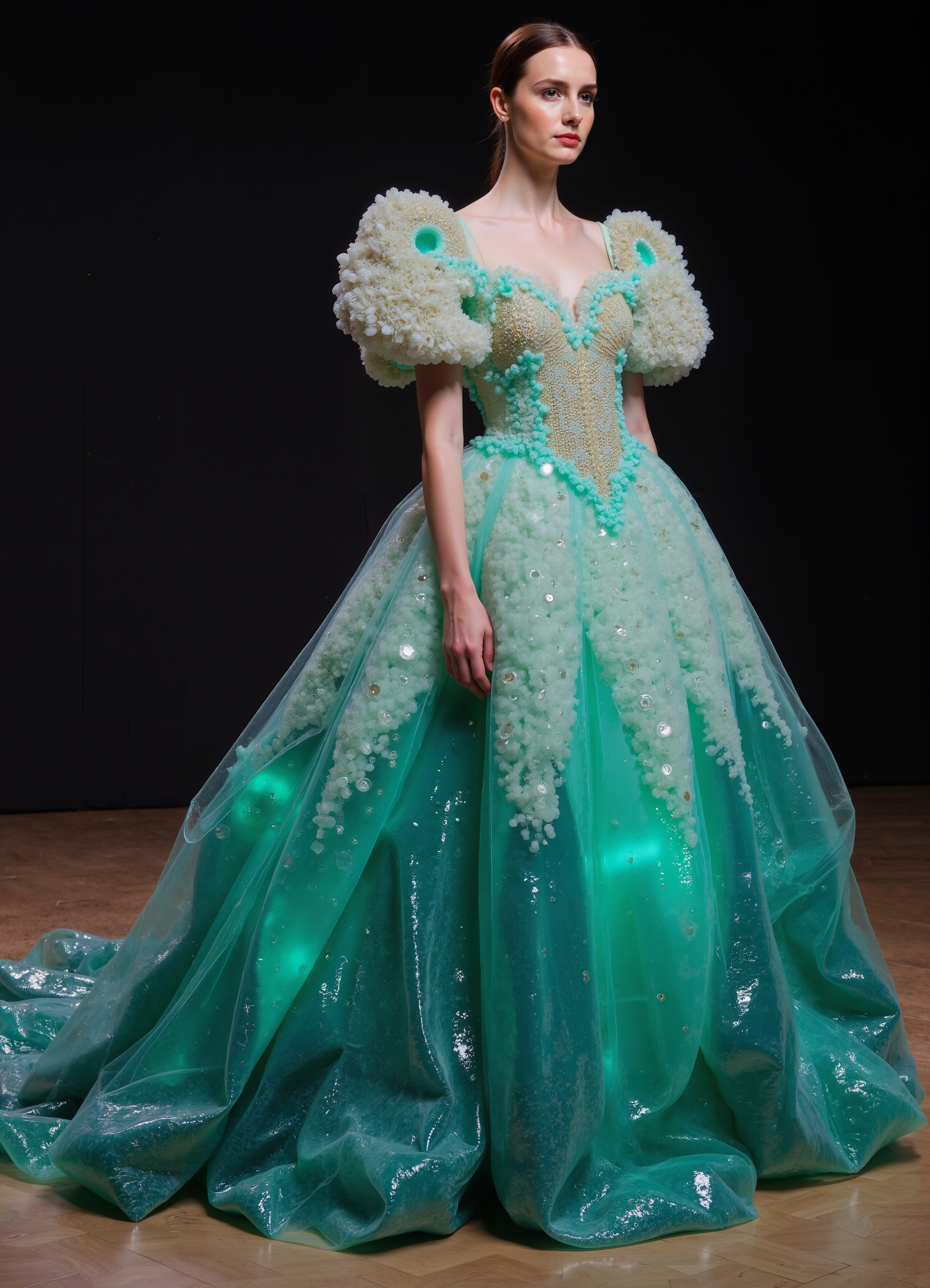 Ethereal Light Up Gown Mint Green With Glowing Accents Floral Shoulder Details