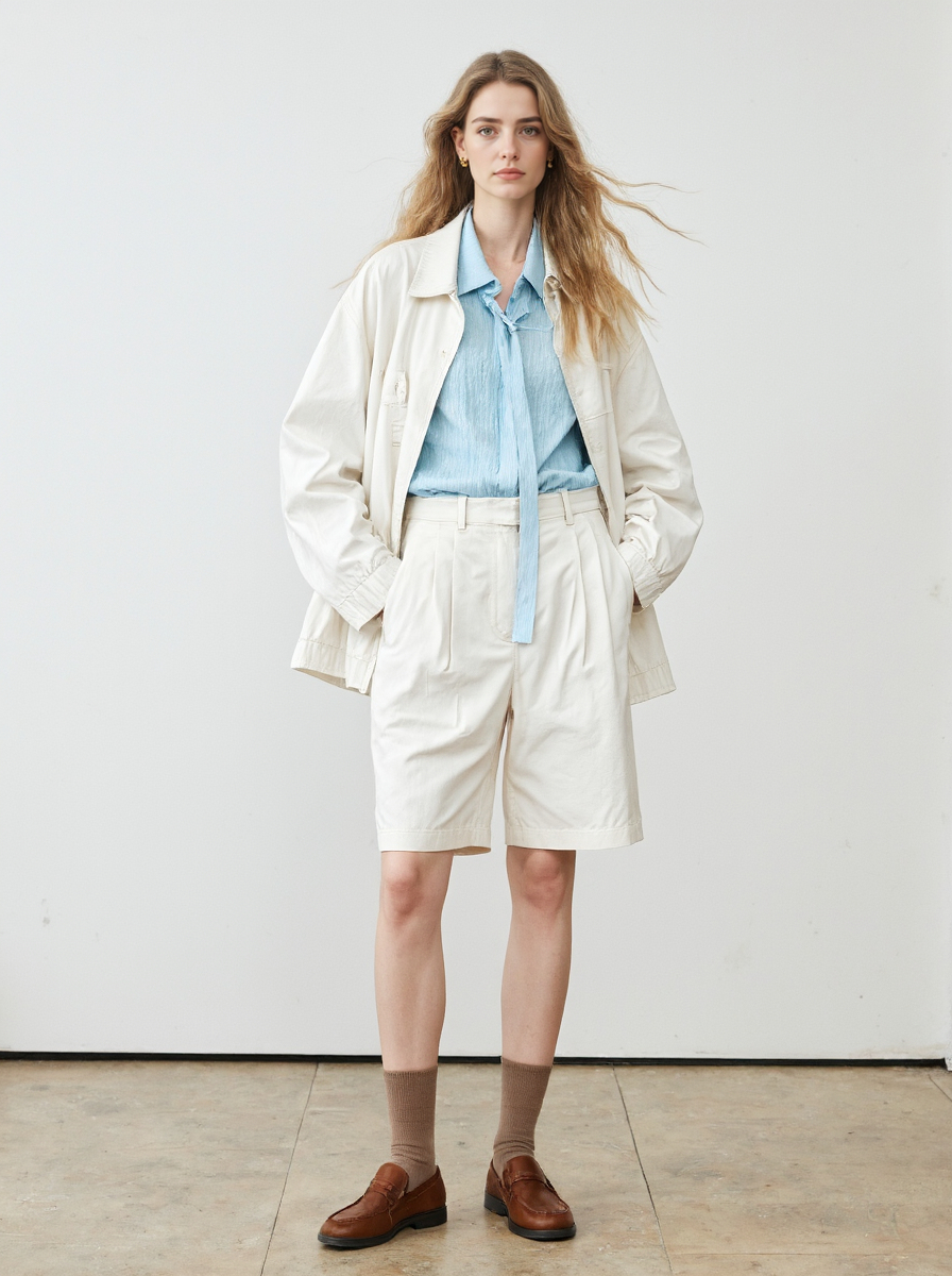 Fair Skinned Blonde Blue Shirt White Jacket Shorts Style