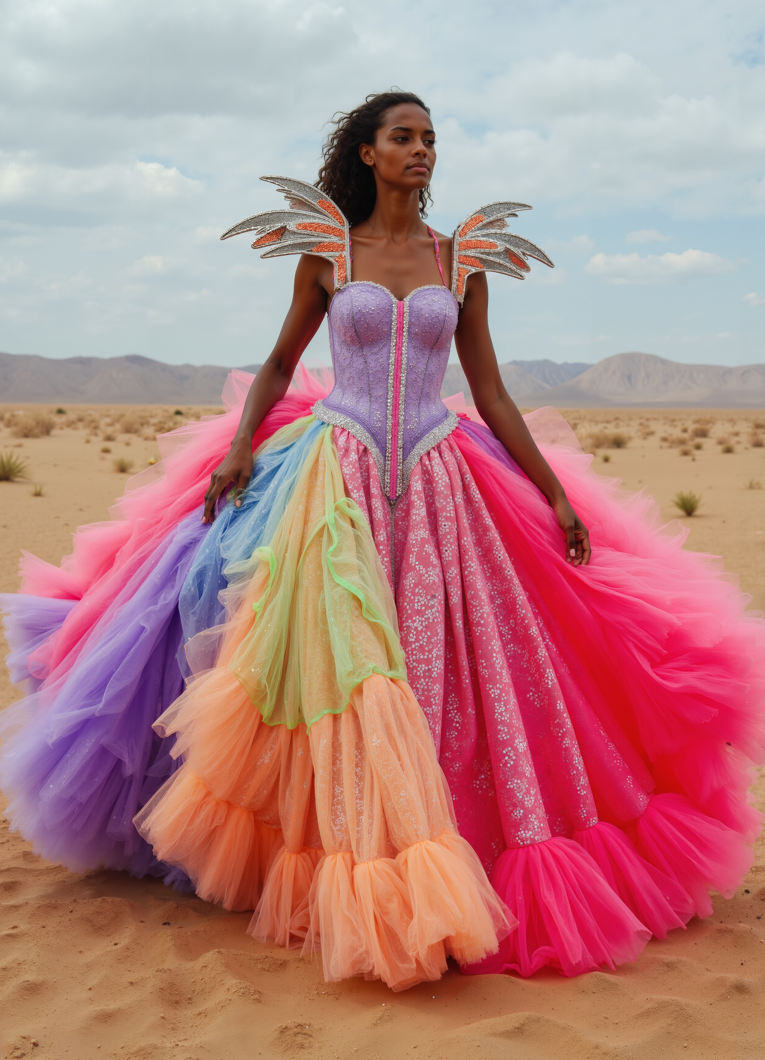 Fantasy Ice Queen White Gown With Glowing Multicolor Shoulders