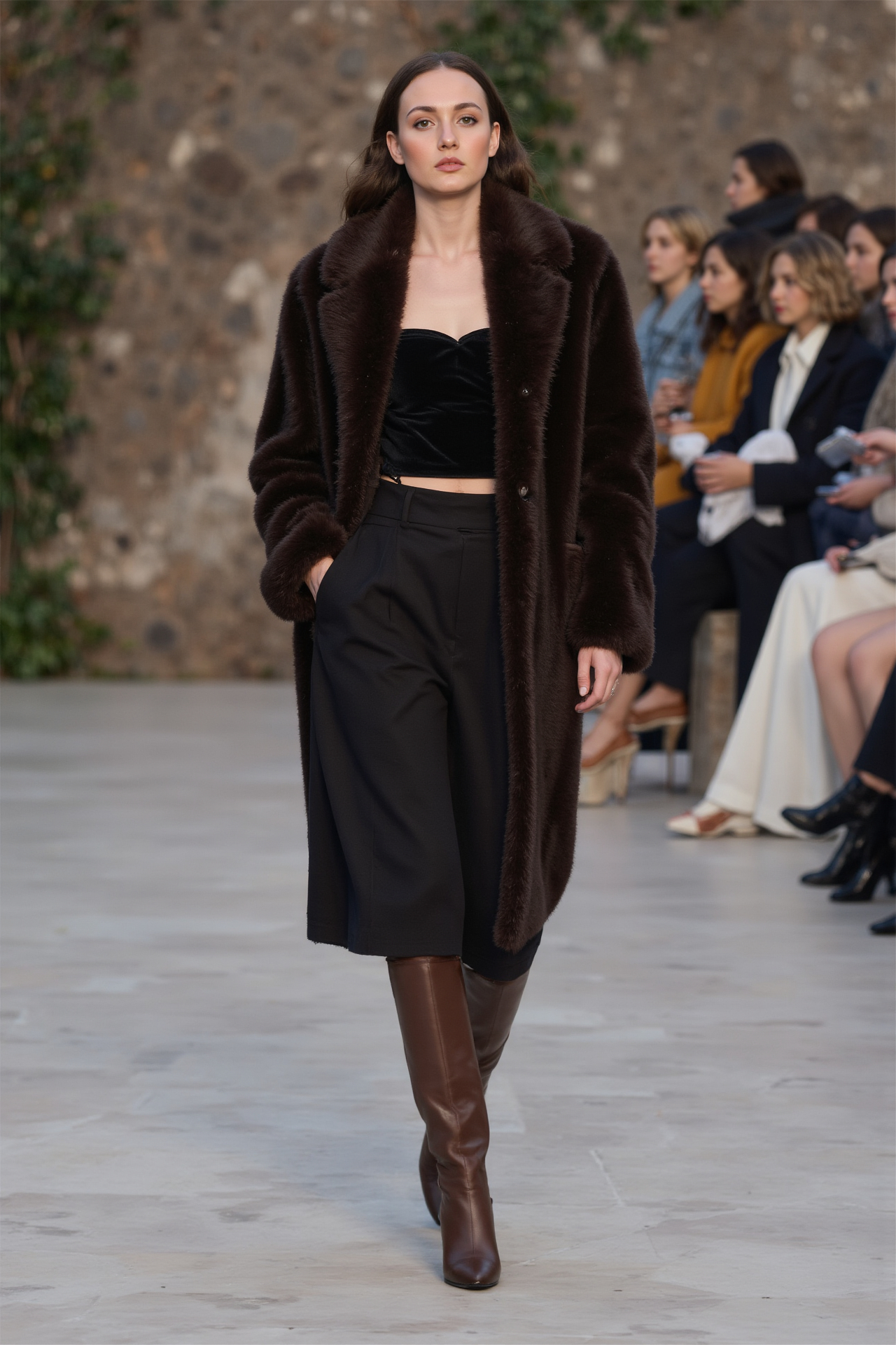 Faux Fur Coat Brown Coat Velvet Top Culottes Knee High Boots Elegant Fall Fashion