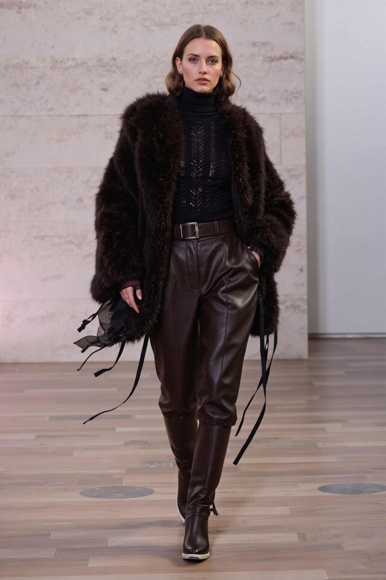 Faux Fur Coat Leather Pants Turtleneck Winter Fashion Elegant Warm Stylish