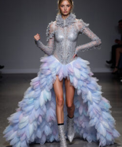 Feathered Frost Gown Pastel Blue Lavender Tiered Dress With Shimmering Corset