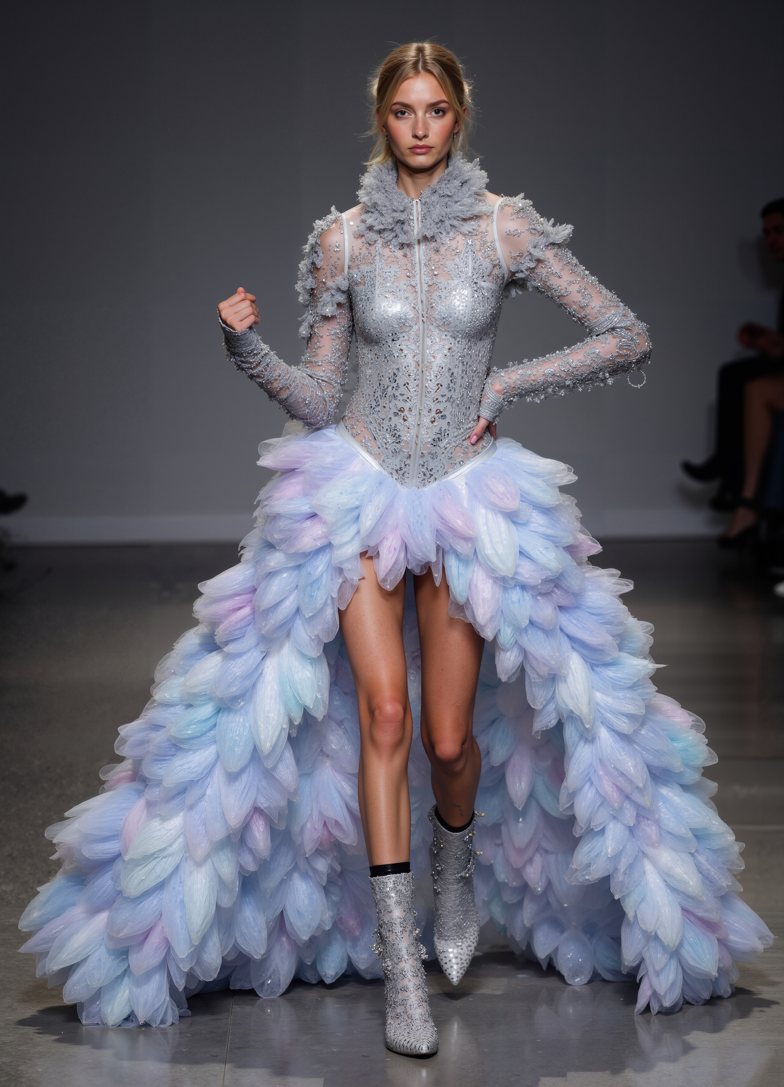 Feathered Frost Gown Pastel Blue Lavender Tiered Dress With Shimmering Corset