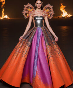 Fire Ice Queen Gown Metallic Bodice With Orange Purple Black Sparkling Skirt