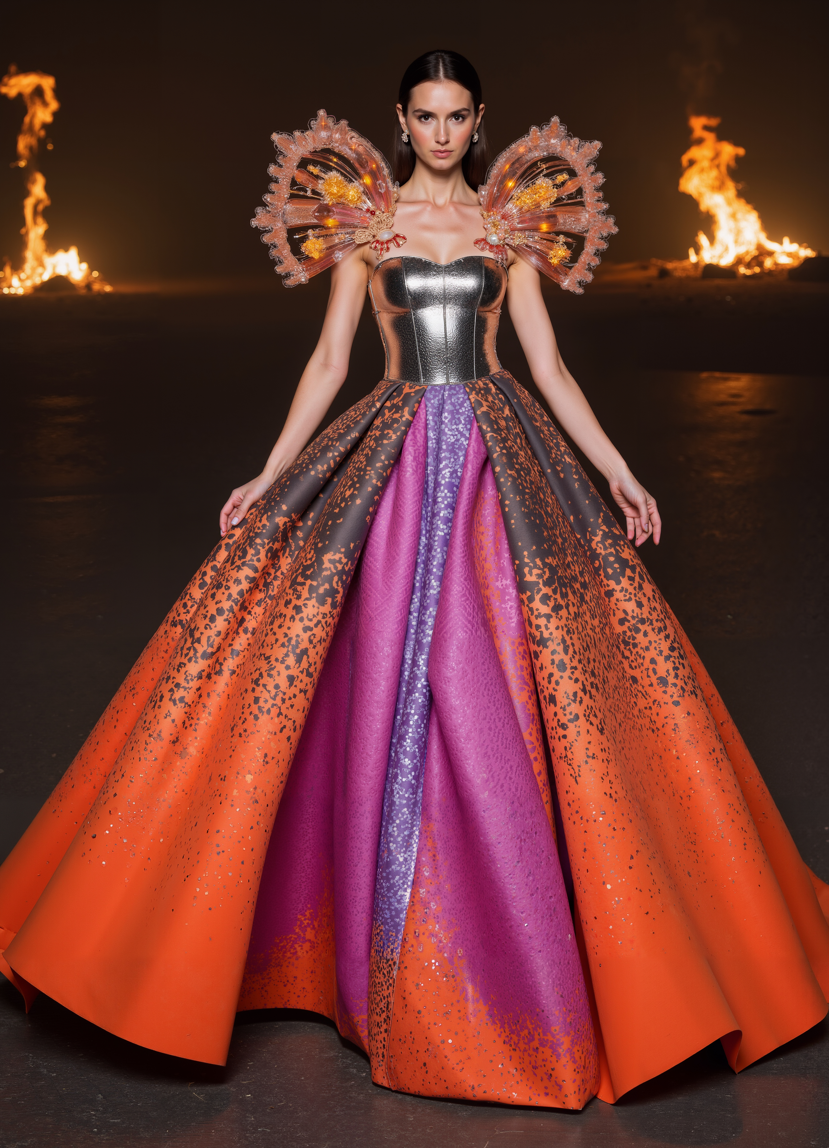 Fire Ice Queen Gown Metallic Bodice With Orange Purple Black Sparkling Skirt
