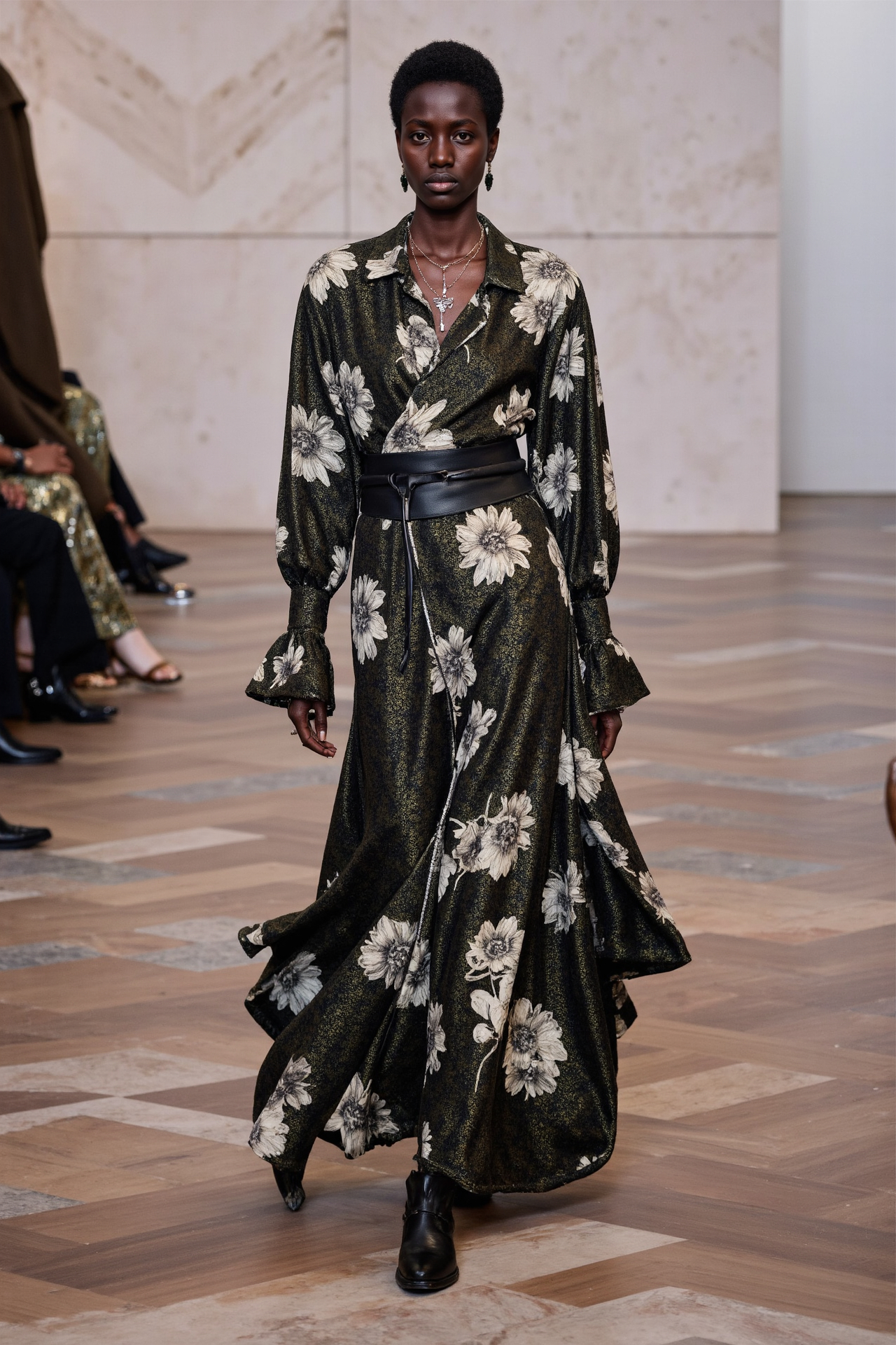 Floral Dress Maxi Dress Wide Belt Black Dress Runway Sophisticated Unique Print