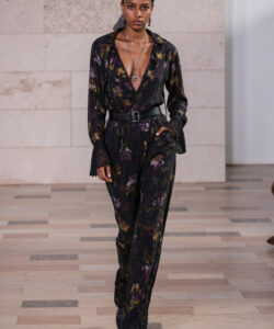 Floral Jumpsuit Black Plunging Neckline Fashion Elegant Bohemian Long Sleeve Runway