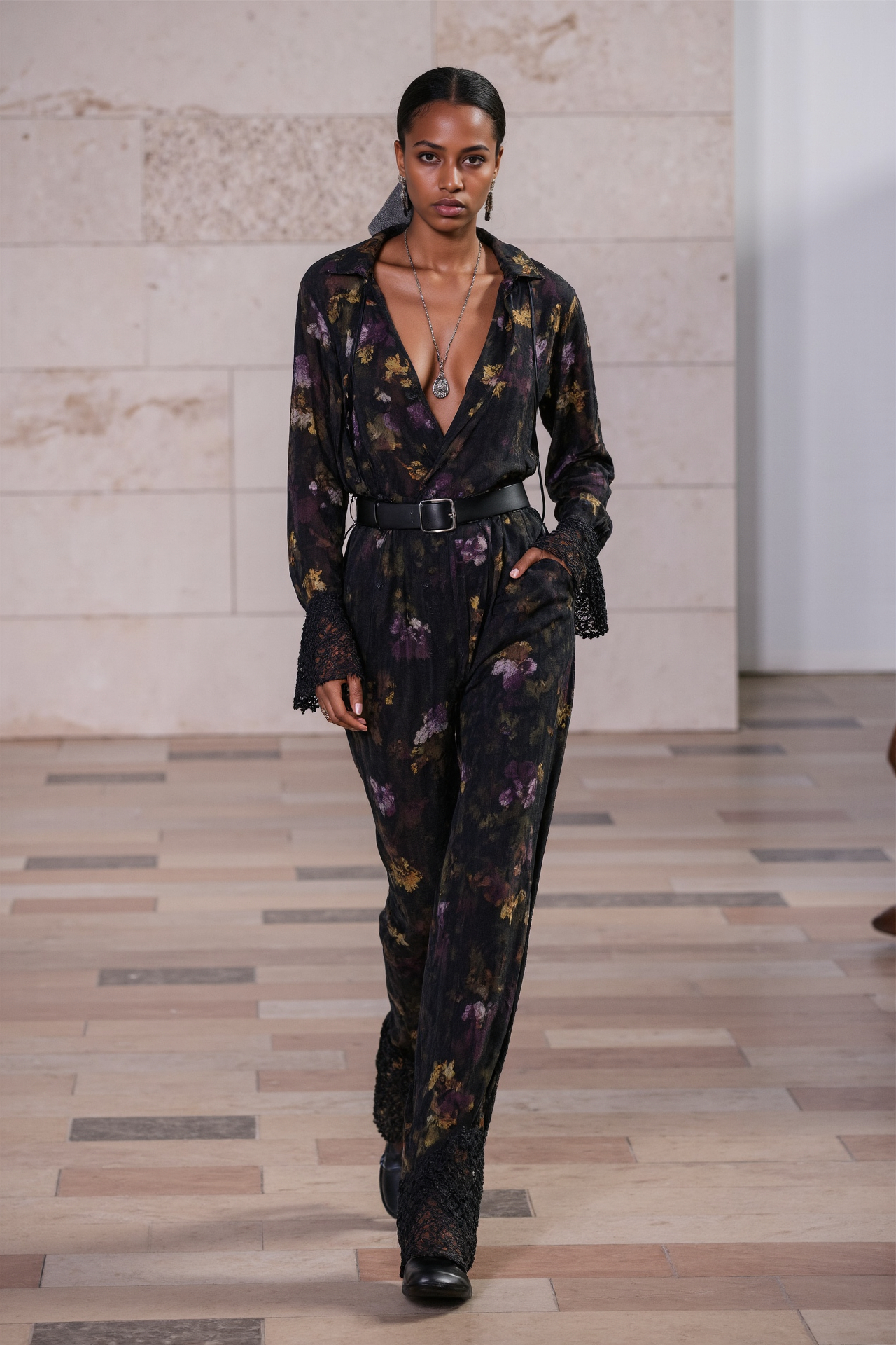 Floral Jumpsuit Black Plunging Neckline Fashion Elegant Bohemian Long Sleeve Runway