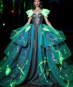 Forest Sprite Gown Silver Green Dress With Glowing Vines Leafy Shoulder Details