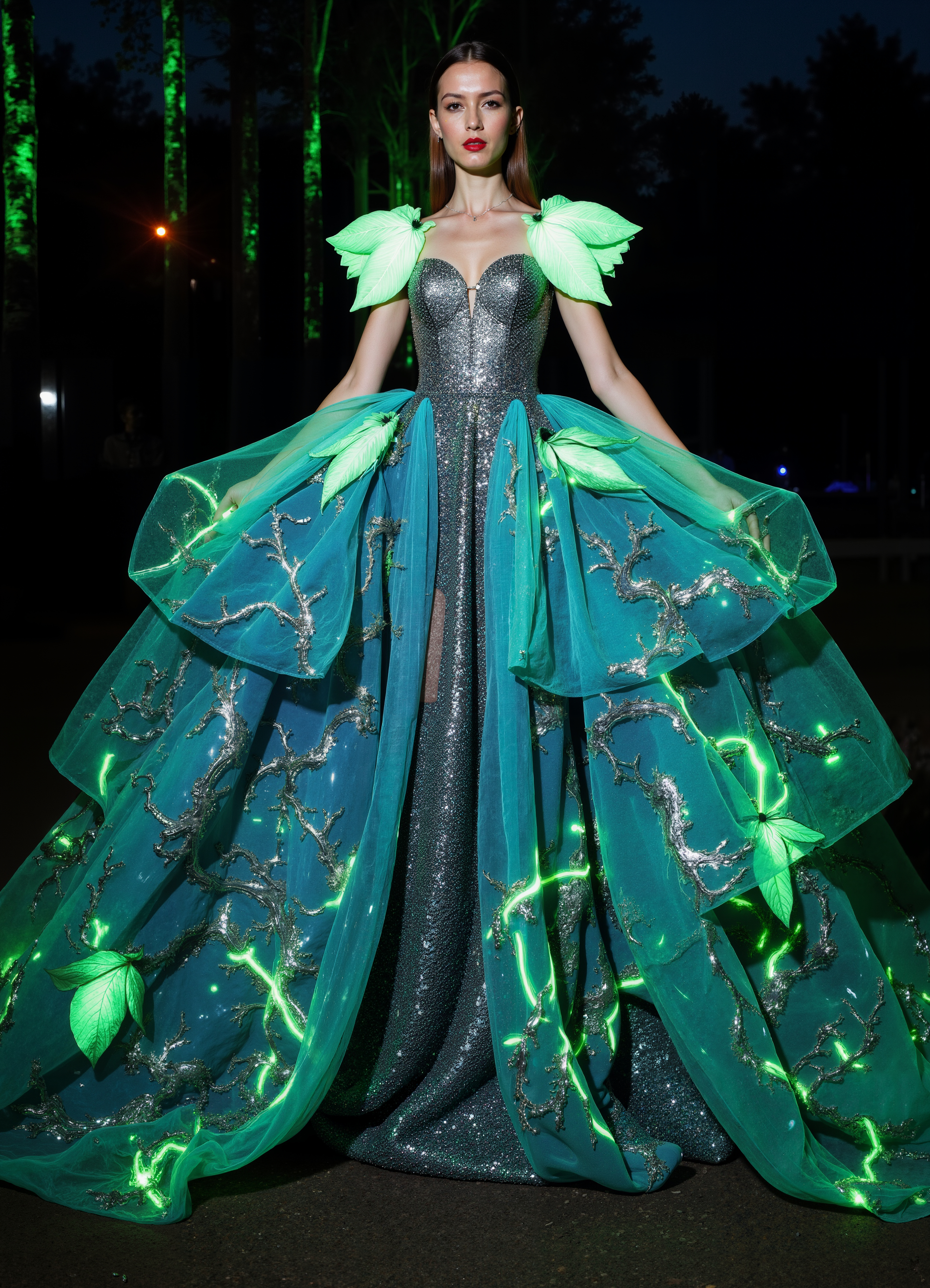Forest Sprite Gown Silver Green Dress With Glowing Vines Leafy Shoulder Details