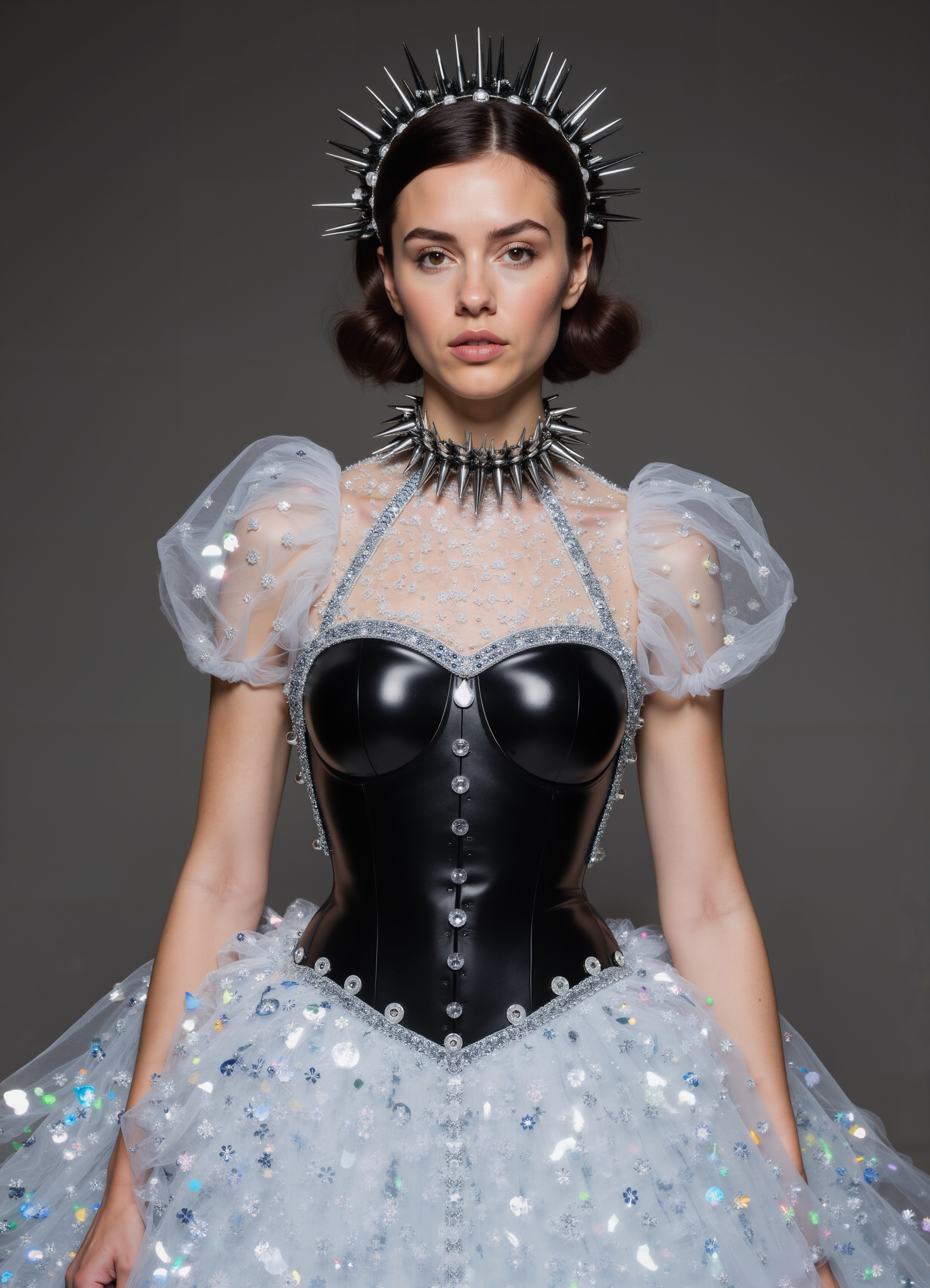 Gothic Glitter Glam Black Corset Sparkly White Skirt With Spiked Accessories