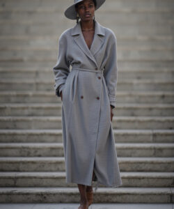 Grey Trench Coat Belted Coat Fedora Hat Minimalist Style Long Coat